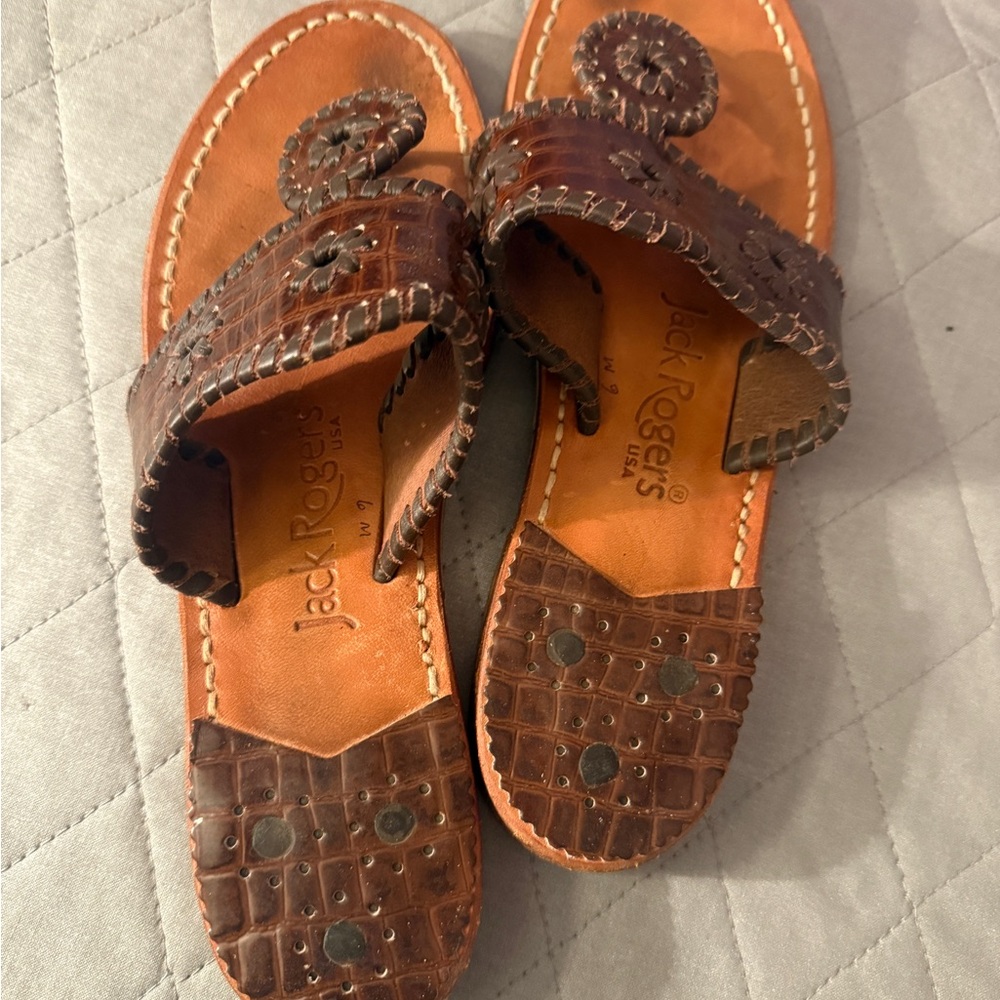 Jack Rogers Croc-Embossed Tan Sandals